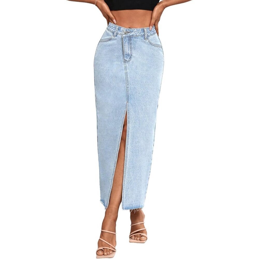 Women's High Waist Denim Maxi Skirt Raw Hem Front Split Casual Long A-Line